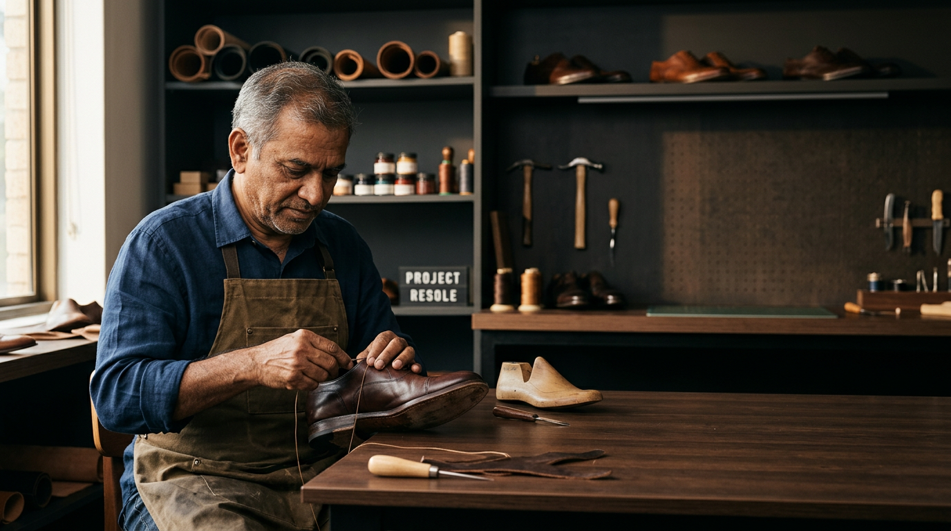 Cobbler repairing a leather shoe at a workshop bench